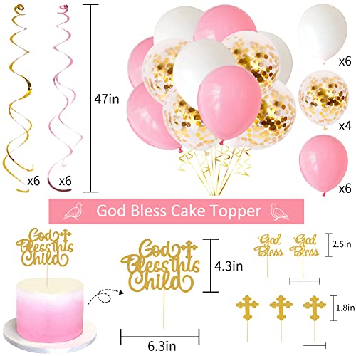 Baptism Decorations for Girls, First Communion Decorations, Christening Decor 1st Holy Communion Party Supplies God Bless Banner Pink Party