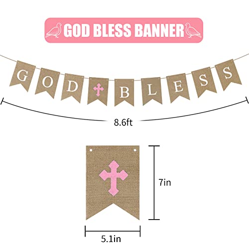 Baptism Decorations for Girls, First Communion Decorations, Christening Decor 1st Holy Communion Party Supplies God Bless Banner Pink Party