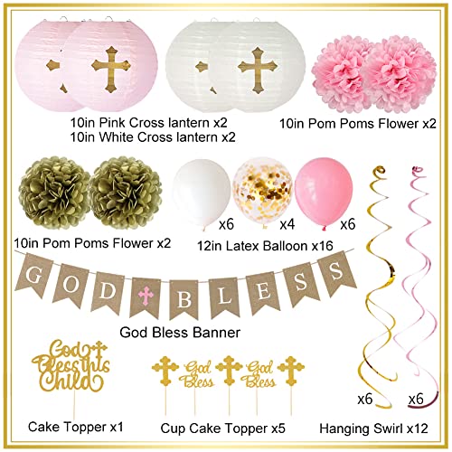 Baptism Decorations for Girls, First Communion Decorations, Christening Decor 1st Holy Communion Party Supplies God Bless Banner Pink Party