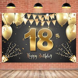 hamigar 6x4ft happy 18th birthday banner backdrop – 18 years old birthday decorations party supplies for girls boys – black gold