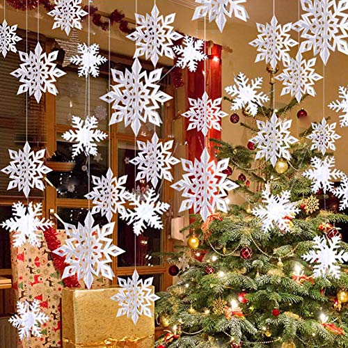 24Pcs Snowflake Christmas Hanging Party Decor Supplies,12 PCS 3D Silver Snowflakes & 12PCS 3D White Paper Snowflakes Hanging Garland for Christmas Winter Holiday New Year Wonderland Party Decoration