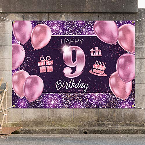 PAKBOOM Happy 9th Birthday Banner Backdrop - 9 Birthday Party Decorations Supplies for Girl - Pink Purple Gold 4 x 6ft