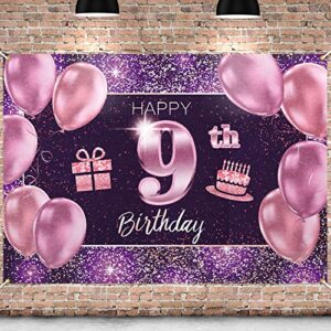 pakboom happy 9th birthday banner backdrop – 9 birthday party decorations supplies for girl – pink purple gold 4 x 6ft