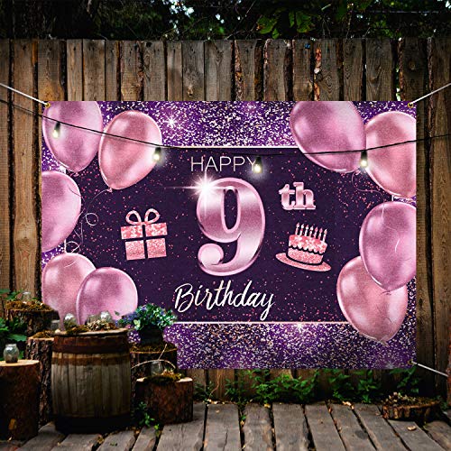 PAKBOOM Happy 9th Birthday Banner Backdrop - 9 Birthday Party Decorations Supplies for Girl - Pink Purple Gold 4 x 6ft