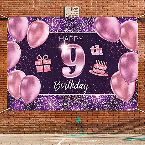 PAKBOOM Happy 9th Birthday Banner Backdrop - 9 Birthday Party Decorations Supplies for Girl - Pink Purple Gold 4 x 6ft