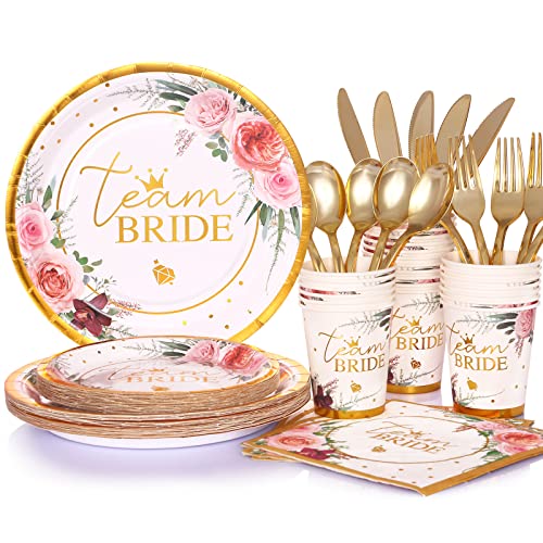 LOOWVY Bachelorette Party Supplies Gold Team Bridal Shower Paper Plates Cup Napkins Disposable Tableware Set for Engagement Wedding Party Bachelorette Party Favors Decorations,Serves 24