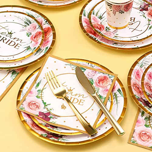 LOOWVY Bachelorette Party Supplies Gold Team Bridal Shower Paper Plates Cup Napkins Disposable Tableware Set for Engagement Wedding Party Bachelorette Party Favors Decorations,Serves 24