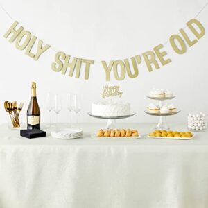 Funny Gold Happy Birthday Banner and Cake Topper Set, Holy Sh*t You're Old Party Decorations (10 Feet)
