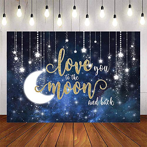 Avezano Love You to The Moon and Back Backdrop Night Sky Glitter Stars Kids Birthday Party Decoration Bright Moon Baby Shower Party Dessert Table Banner (7x5ft)