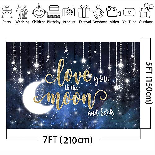 Avezano Love You to The Moon and Back Backdrop Night Sky Glitter Stars Kids Birthday Party Decoration Bright Moon Baby Shower Party Dessert Table Banner (7x5ft)