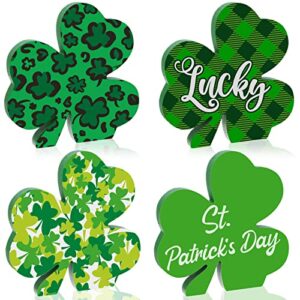 4-piece st. patrick’s day wooden signs, green shamrock clover self-standing blocks table centerpiece sign irish lucky holiday display tabletop wood for fireplace tiered tray party supplies decoration