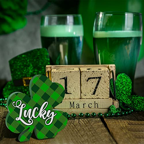 4-Piece St. patrick's Day Wooden Signs, Green Shamrock Clover Self-standing Blocks Table Centerpiece Sign Irish Lucky Holiday Display Tabletop Wood for Fireplace Tiered Tray Party Supplies Decoration