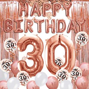 movinpe 30th rose gold birthday party decoration, happy birthday banner, jumbo number 30 foil balloon, 2 rose gold fringe curtain, latex confetti balloon, table confetti for girl women anniversary