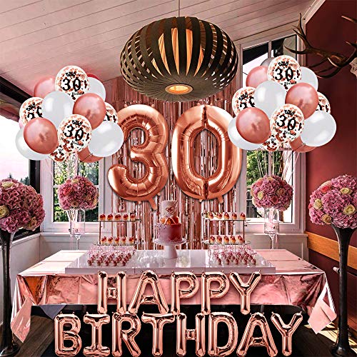 MOVINPE 30th Rose Gold Birthday Party Decoration, Happy Birthday Banner, Jumbo Number 30 Foil Balloon, 2 Rose Gold Fringe Curtain, Latex Confetti Balloon, Table Confetti for Girl Women Anniversary