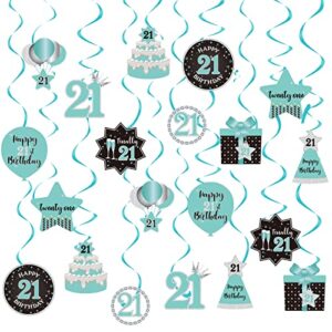 happy 21st birthday party hanging swirls streams ceiling decorations, celebration 21st foil hanging swirls with cutouts for 21 years teal silver black blue birthday party decorations supplies
