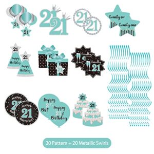 Happy 21st Birthday Party Hanging Swirls Streams Ceiling Decorations, Celebration 21st Foil Hanging Swirls with Cutouts for 21 Years Teal Silver Black Blue Birthday Party Decorations Supplies