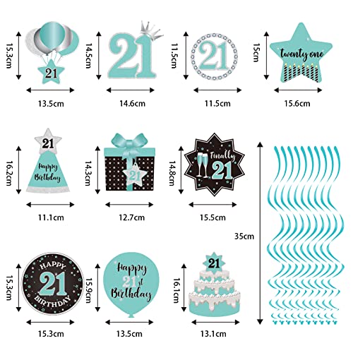 Happy 21st Birthday Party Hanging Swirls Streams Ceiling Decorations, Celebration 21st Foil Hanging Swirls with Cutouts for 21 Years Teal Silver Black Blue Birthday Party Decorations Supplies