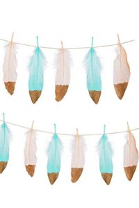hapy shop feather garland pale pink and blue feather banner,gold glitter for party decorations,wedding,boho chic,10 feet