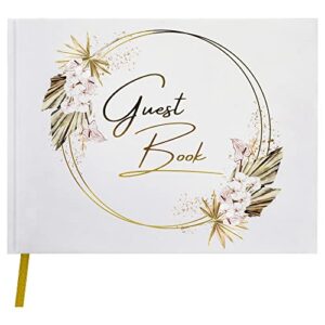 fusuu wedding guest book – 120-pages guestbook for wedding – white boho wedding book with orchid flower design and embossed gold foil – sign-in wedding planner book for wedding reception