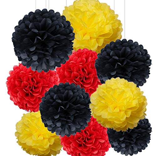 10PCS 10inch Red Yellow Black Party Decorations Tissue Paper Flower Pom Poms for Birthday Party Supplies/Baby Shower Decor Wedding Decor