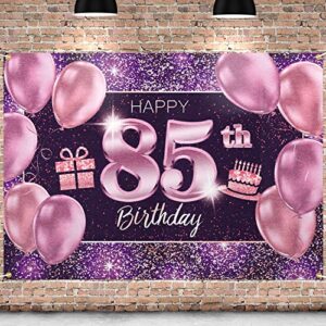 pakboom happy 85th birthday banner backdrop – 85 birthday party decorations supplies for women – pink purple gold 4 x 6ft