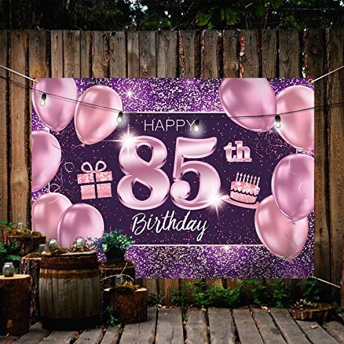 PAKBOOM Happy 85th Birthday Banner Backdrop - 85 Birthday Party Decorations Supplies for Women - Pink Purple Gold 4 x 6ft