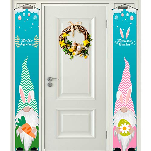 Pudodo Hello Spring and Happy Easter Porch Banner Swedish Gnome Bunny Colorful Eggs Front Door Party Decoration