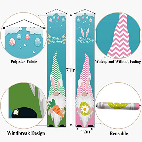 Pudodo Hello Spring and Happy Easter Porch Banner Swedish Gnome Bunny Colorful Eggs Front Door Party Decoration