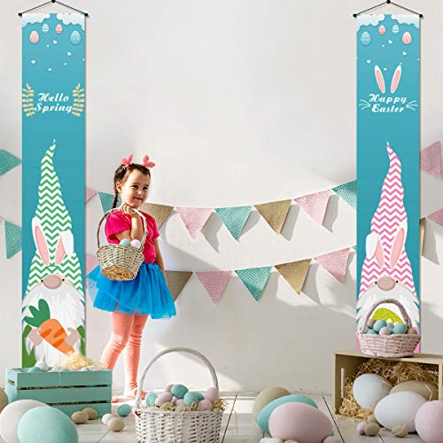 Pudodo Hello Spring and Happy Easter Porch Banner Swedish Gnome Bunny Colorful Eggs Front Door Party Decoration