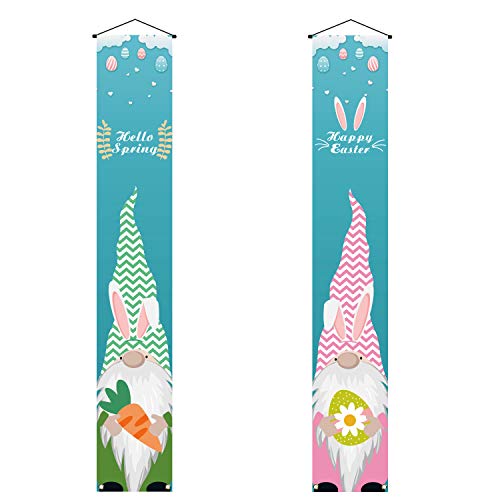 Pudodo Hello Spring and Happy Easter Porch Banner Swedish Gnome Bunny Colorful Eggs Front Door Party Decoration