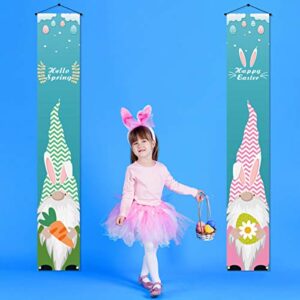 Pudodo Hello Spring and Happy Easter Porch Banner Swedish Gnome Bunny Colorful Eggs Front Door Party Decoration