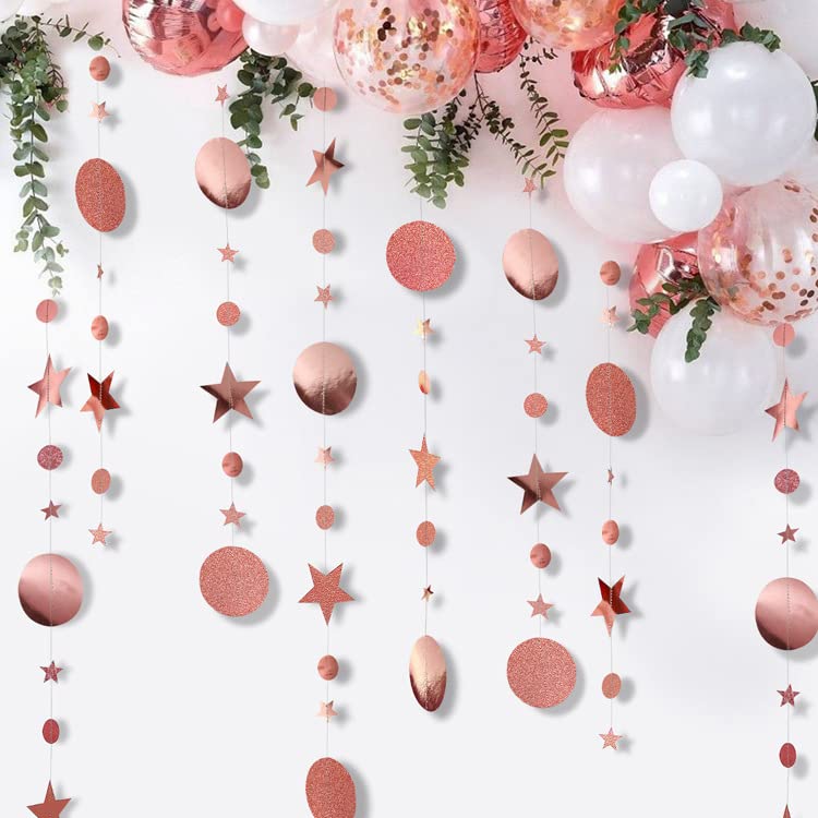 Rose Gold Party Decoration Rose Gold Star Circle Dot Hanging Garland Rose Gold Hanging Streamer Decorations Glitter Star Bunting Banner Backdrop for Wedding Anniversary Baby Shower Birthday Christmas