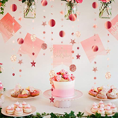 Rose Gold Party Decoration Rose Gold Star Circle Dot Hanging Garland Rose Gold Hanging Streamer Decorations Glitter Star Bunting Banner Backdrop for Wedding Anniversary Baby Shower Birthday Christmas