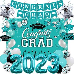 teal graduation party decorations 2023 turquoise congrats grad backdrop banner class of 2023 hanging swirls balloon congratulations party supplies for college high school