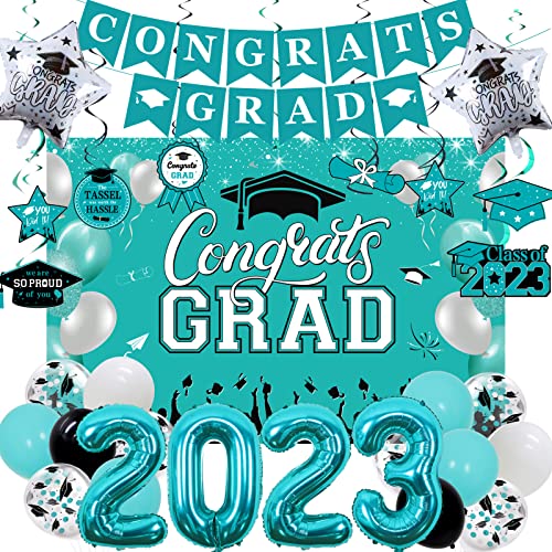 Teal Graduation Party Decorations 2023 Turquoise Congrats Grad Backdrop Banner Class of 2023 Hanging Swirls Balloon Congratulations Party Supplies for College High School