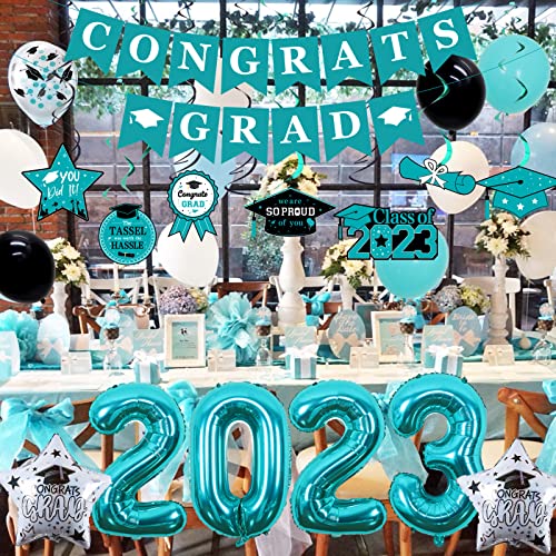 Teal Graduation Party Decorations 2023 Turquoise Congrats Grad Backdrop Banner Class of 2023 Hanging Swirls Balloon Congratulations Party Supplies for College High School