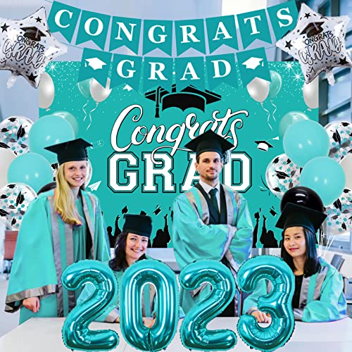 Teal Graduation Party Decorations 2023 Turquoise Congrats Grad Backdrop Banner Class of 2023 Hanging Swirls Balloon Congratulations Party Supplies for College High School