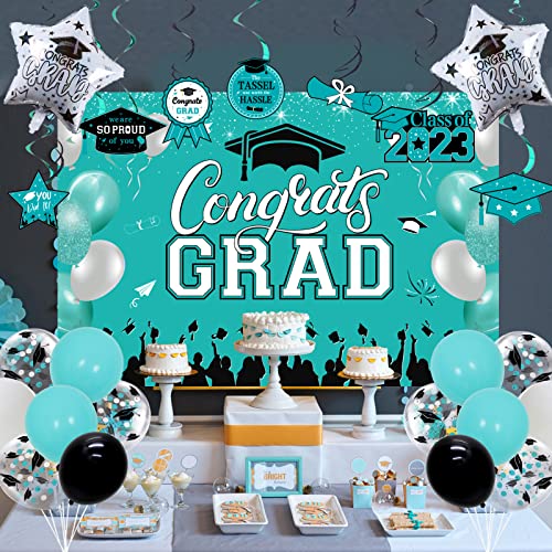 Teal Graduation Party Decorations 2023 Turquoise Congrats Grad Backdrop Banner Class of 2023 Hanging Swirls Balloon Congratulations Party Supplies for College High School