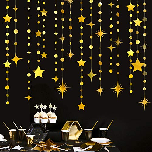 Gold Party Decorations Star Circle Dot Paper Garland Banner Bunting Streamer Metallic Hanging Twinkle Star Decoration for Christmas Birthday Baby Shower Wedding Festival Engagement Kids Room Decor