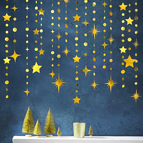 Gold Party Decorations Star Circle Dot Paper Garland Banner Bunting Streamer Metallic Hanging Twinkle Star Decoration for Christmas Birthday Baby Shower Wedding Festival Engagement Kids Room Decor