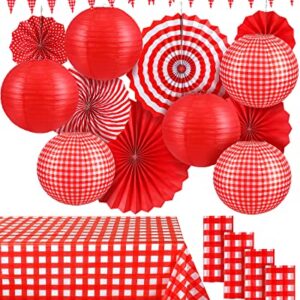 18 Pcs Picnic Party Decorations Set Include Red and White Checkered Gingham Pennant Banner Hanging Paper Fans Round Lanterns Plastic Disposable Tablecloth for Carnival Picnic Birthday Party Supplies