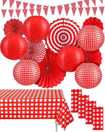 18 Pcs Picnic Party Decorations Set Include Red and White Checkered Gingham Pennant Banner Hanging Paper Fans Round Lanterns Plastic Disposable Tablecloth for Carnival Picnic Birthday Party Supplies