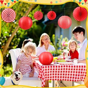 18 Pcs Picnic Party Decorations Set Include Red and White Checkered Gingham Pennant Banner Hanging Paper Fans Round Lanterns Plastic Disposable Tablecloth for Carnival Picnic Birthday Party Supplies