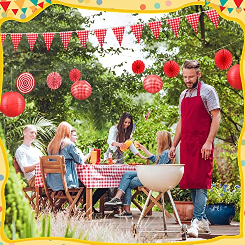 18 Pcs Picnic Party Decorations Set Include Red and White Checkered Gingham Pennant Banner Hanging Paper Fans Round Lanterns Plastic Disposable Tablecloth for Carnival Picnic Birthday Party Supplies