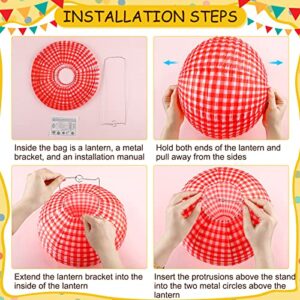 18 Pcs Picnic Party Decorations Set Include Red and White Checkered Gingham Pennant Banner Hanging Paper Fans Round Lanterns Plastic Disposable Tablecloth for Carnival Picnic Birthday Party Supplies