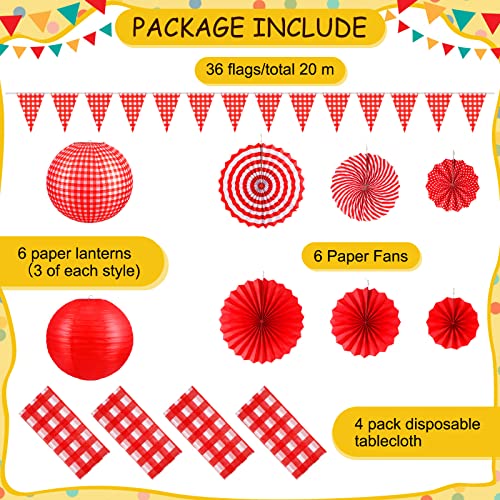 18 Pcs Picnic Party Decorations Set Include Red and White Checkered Gingham Pennant Banner Hanging Paper Fans Round Lanterns Plastic Disposable Tablecloth for Carnival Picnic Birthday Party Supplies