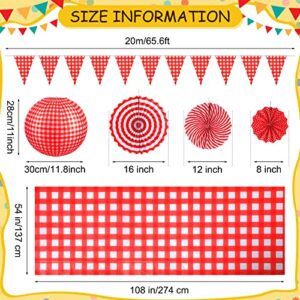 18 Pcs Picnic Party Decorations Set Include Red and White Checkered Gingham Pennant Banner Hanging Paper Fans Round Lanterns Plastic Disposable Tablecloth for Carnival Picnic Birthday Party Supplies