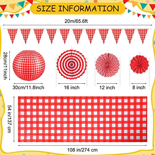 18 Pcs Picnic Party Decorations Set Include Red and White Checkered Gingham Pennant Banner Hanging Paper Fans Round Lanterns Plastic Disposable Tablecloth for Carnival Picnic Birthday Party Supplies