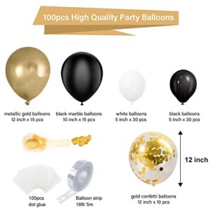 Black and Gold Balloons Garland Kit, 100pcs Black White Gold Confetti Latex Balloons for Party Decorations Graduation Wedding Birthday Baby Shower