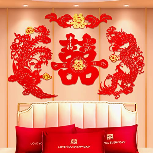 Traditional Chinese Wedding Party Decoration Dragon Phoenix Door Stickers Paper-Cut Window Bars